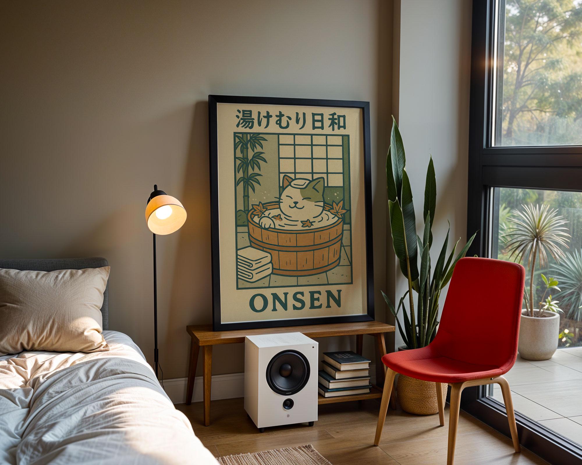 Onsen Cat Wall Art Japanese Bath Poster Cozy Bathroom Decor Cute Tabby ...