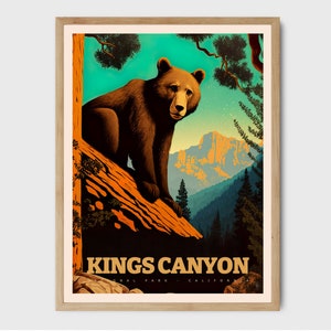 Stampa artistica del poster del Parco nazionale di Kings Canyon - Poster da parete della foresta - Stampa di poster di viaggio stampabile - Stampa ad acquerello di montagna - Poster dell'orso