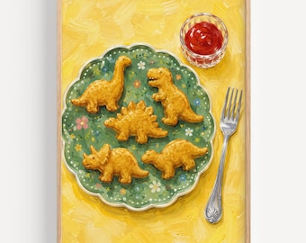 Dinosaur Nugget Print Funny Food Kitchen Wall Art Kids Decor