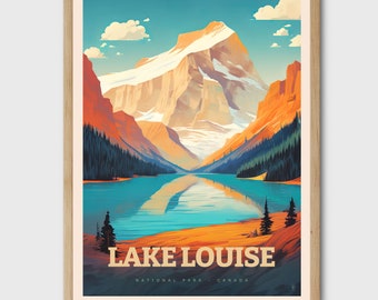 May include: A vintage travel poster design featuring a scenic view of Lake Louise in Banff National Park, Canada. The poster features a mountain range with snow-capped peaks reflected in the turquoise waters of the lake. The text "LAKE LOUISE NATIONAL PARK - CANADA" is printed at the bottom of the poster.