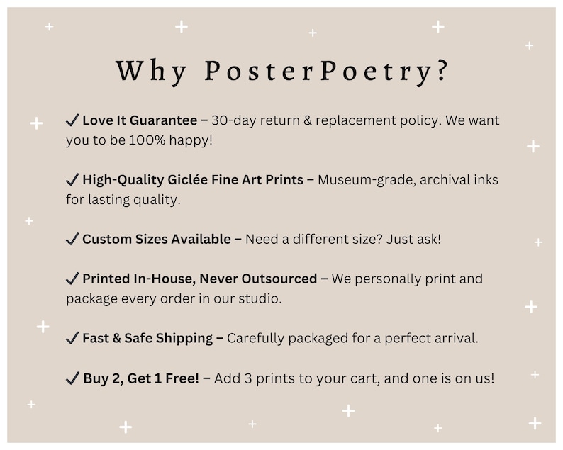K&ouml;nnte beinhalten: Ein wei&szlig;er Hintergrund mit schwarzem Text, der die Vorteile des Kaufs von Kunstdrucken bei Poster Poetry beschreibt. Der Text umfasst: "Love It Guarantee", "High-Quality Gicl&eacute;e Fine Art Prints", "Custom Sizes Available", "Printed In-House, Never Outsourced", "Fast & Safe Shipping" und "Buy 2, Get 1 Free!"