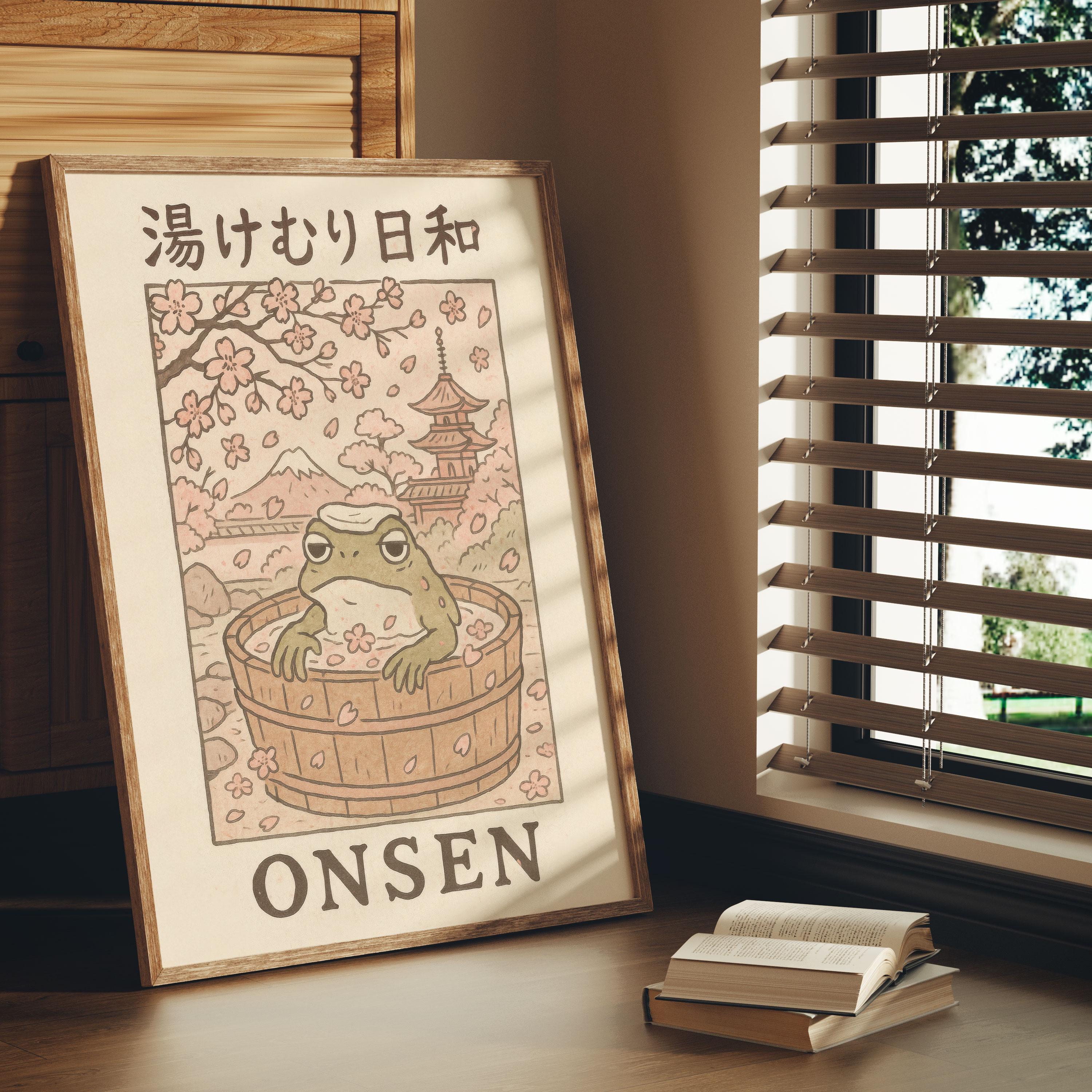 Onsen Frog Wall Art – Sakura Bathhouse Poster – Japanese Spa
