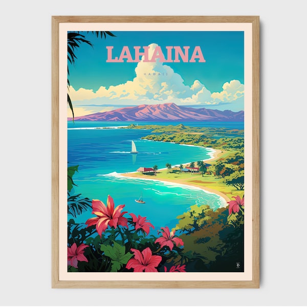 Lahaina Beach Travel Print Hawaii Housewarming Gift Wall Art Maui Island Beach House Decor Illustration Travel Poster Gift