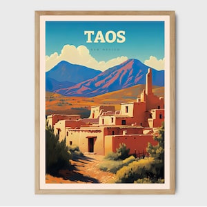 Impresión de viaje de Taos, Nuevo México, arte del desierto, decoración de pared para el hogar, impresión artística, póster de viaje, arte de pared en español, ilustración de la ciudad, regalo para