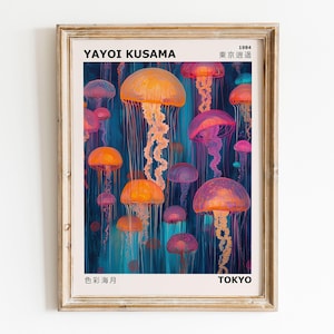 Póster colorido de medusas de Yayoi Kusama para decoración del hogar, impresión original de medusas, arte mural japonés vibrante y audaz para dormitorio, idea de regalo