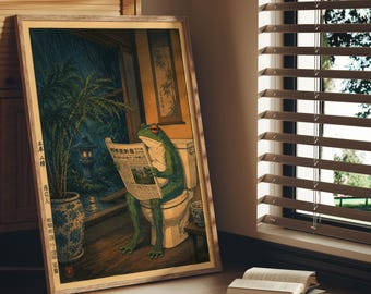 Housewarming Gift Japanese Frog Reading Newspaper Woodblock Bathroom Art