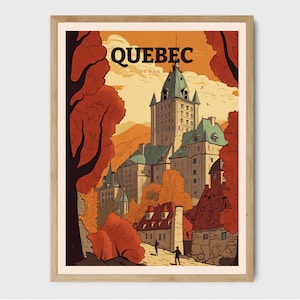 Quebec Print Canada Travel Print, City Illustration, Gift for, Wall Art featuring Château Frontenac, Honeymoon Gifts