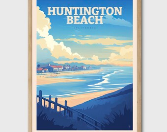 May include: A vintage-style travel poster featuring a scenic view of Huntington Beach, California. The poster depicts a blue ocean with white waves crashing on a sandy beach. A wooden boardwalk leads down to the beach, with a row of buildings in the distance. The sky is a bright blue with white clouds.