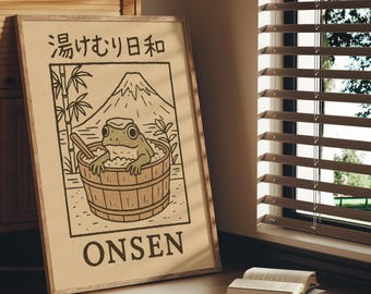 Japanese Frog Onsen Art Print, Vintage-Style Bathroom Wall Decor