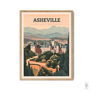 May include: A vintage travel poster featuring a stylized illustration of Biltmore Estate in Asheville, North Carolina. The poster has a peach background with a mountain range in the distance and a green forest in the foreground. The text "Asheville" is in a bold, green font at the top of the poster, with the words "Biltmore Estate - North Carolina" in a smaller, green font below.