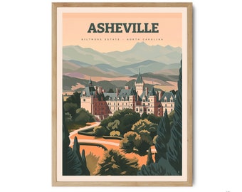 May include: A vintage travel poster featuring a stylized illustration of Biltmore Estate in Asheville, North Carolina. The poster has a peach background with a mountain range in the distance and a green forest in the foreground. The text "Asheville" is in a bold, green font at the top of the poster, with the words "Biltmore Estate - North Carolina" in a smaller, green font below.