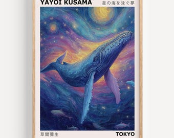Starry Whale Print by Yayoi Kusama Style – Surreal Ocean Poster with Galaxy Sky