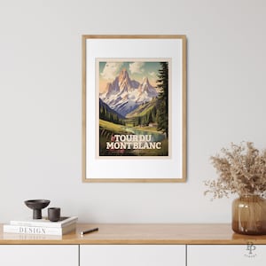 May include: A vintage travel poster design featuring a mountain range with a lake in the foreground. The poster is titled "Tour du Mont Blanc" and has a retro color palette.