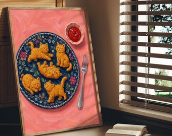 Cat Chicken Nugget Print Funny Food Kitchen Wall Art