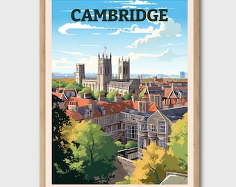Könnte beinhalten: Ein Vintage-Reiseposter mit einer farbenfrohen Illustration der Skyline von Cambridge in England. Das Poster zeigt eine Ansicht der Stadt von oben, mit der ikonischen King's College Chapel im Zentrum. Das Poster ist im Retro-Stil gehalten, mit einer leuchtenden Farbpalette und einer kräftigen Typografie.