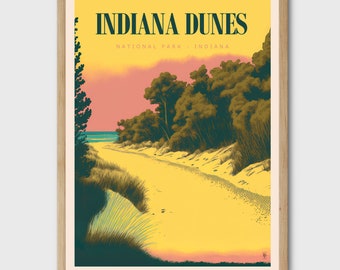 Indiana Dunes National Park Plakat Cyfrowy Vintage Print - Jezioro Michigan USA - Pamiątkowy prezent z podróży