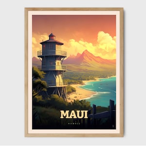 Maui Print Hawaii Art Print Surf Decor Vintage Travel Poster Honeymoon Wedding Giftable Art