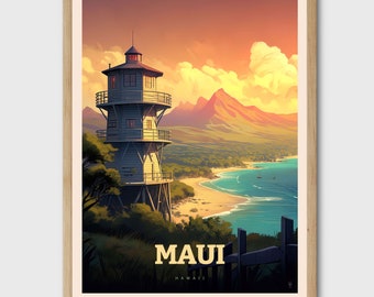 May include: A vintage travel poster featuring a lighthouse on a cliff overlooking a beach with turquoise water and a mountain range in the background. The poster has the text "MAUI HAWAII" at the bottom.