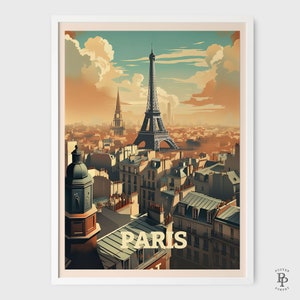 May include: A vintage travel poster featuring a view of the Eiffel Tower and the cityscape of Paris, France. The poster has a warm, sunset-like color palette and the text "PARIS" in bold, white letters.