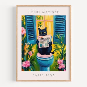 Schwarze Katze auf Toilette Badezimmer Wandkunst, Matisse Poster, lustiges Badezimmer Dekor, rosa tropisches Dekor, Katzen Geschenk