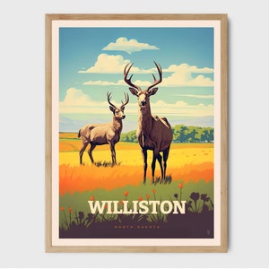 Puede incluir: Un cartel de viaje vintage que presenta un paisaje escénico con dos ciervos en un campo de flores silvestres. El cartel tiene el texto "WILLISTON NORTH DAKOTA" en la parte inferior.