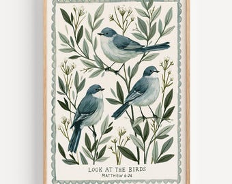 Look At The Birds Matthew 6 Bible Verse Art Print Christian Nature Scripture Decor