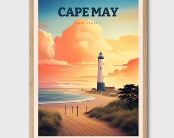 Może przedstawiać: Winietkowy plakat podróżniczy przedstawiający latarnię morską na piaszczystej plaży z zachodem słońca. Plakat zawiera napis "CAPE MAY NEW JERSEY".