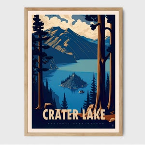 Crater Lake Watercolor National Park Trendy Poster Print Art Us National Park Travel - Lake House Decor