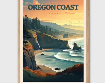 Oregon Coast Retro Travel Poster Ocean Decor Trendy Beach Decor Art Prints Lake House Travel Poster