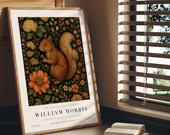 William Morris Squirrel Print – Cottagecore Botanical Wall Art – Vintage Animal Forest Poster – Przytulny wystrój leśny do domu