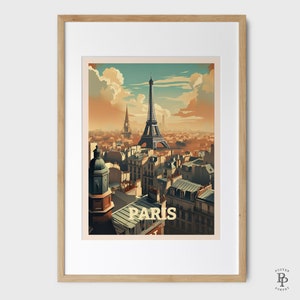 May include: A vintage-style travel poster featuring a view of the Eiffel Tower in Paris, France. The poster has a warm color palette with a light blue sky and brown buildings. The text "PARIS" is printed in bold white letters at the bottom of the poster.