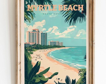 Op de afbeelding: Ingelijste kunstprint met een retro strandscène met de tekst "MYRTLE BEACH SOUTH CAROLINA". Het kunstwerk toont een zandstrand, oceaan, gebouwen, palmbomen en een blauwe lucht.