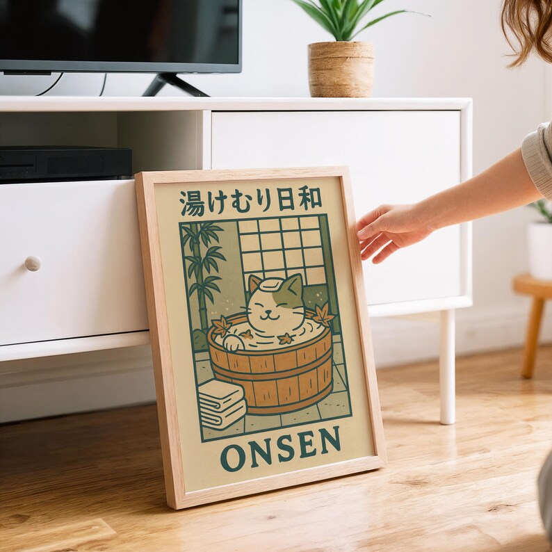 Onsen Cat Art Print | Japanese Bathroom Decor - Etsy