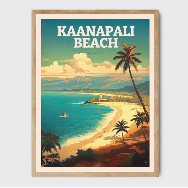 Kaanapali Beach Travel Print Hawaii Wall Art Maui Island Beach House Decor Illustration Travel Poster Gift