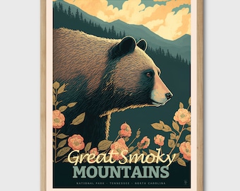 May include: A vintage-style poster featuring a brown bear walking through a forest with pink flowers. The text reads "Great Smoky Mountains National Park - Tennessee - North Carolina".