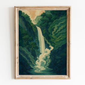Waterfall Landscape Japanese Poster Print – Ukiyo-e Inspired Wall Art in Blue Green | Tranquil Nature Scene for Zen & Japanese Home Decor