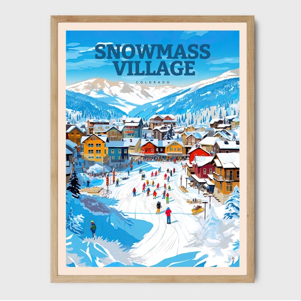 Snowmass Colorado Skiing Snowboarding Print Mountain Art Print Winter Sports Decor Wall Art City Illustration Gift for
