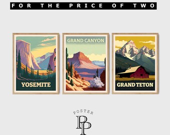 Any Three Travel Poster Prints, Yosemite, Grand Canyon, Grand Teton