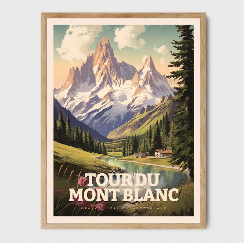May include: A vintage travel poster featuring a scenic view of the Tour du Mont Blanc, a mountain range in the Alps. The poster has a retro design with a mountain peak in the background and a river flowing through a valley in the foreground. The text "Tour du Mont Blanc" is written in bold, white letters on a white background.