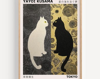 Abstract Cat Print: Black White Dot Pattern Japandi Wall Art