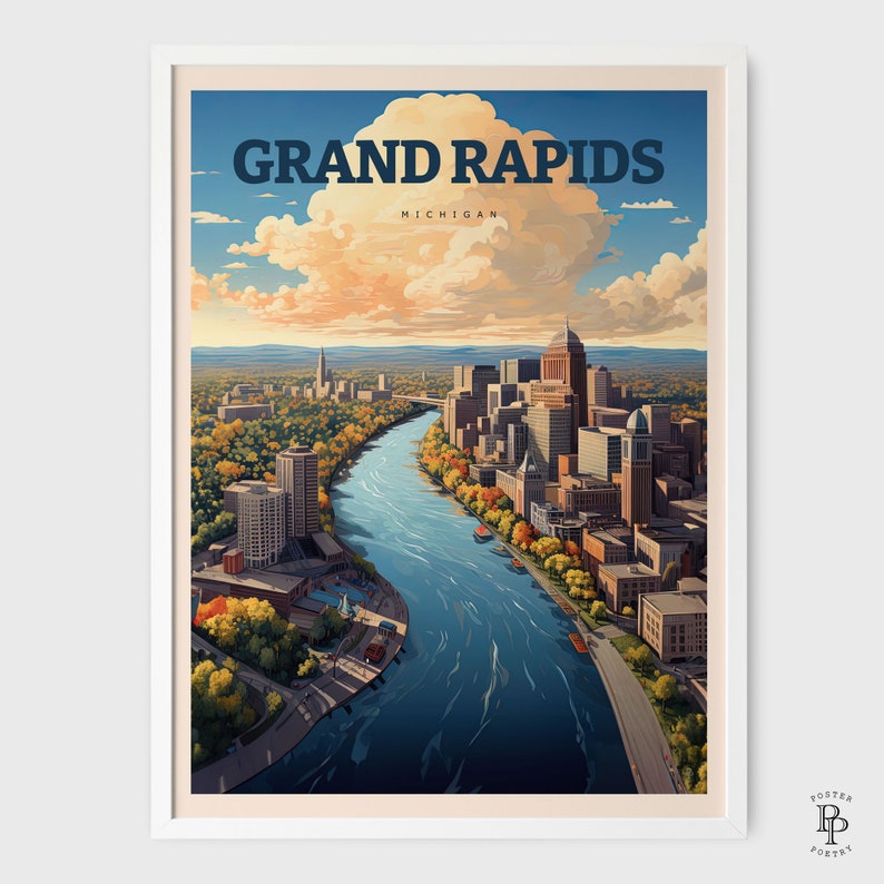 May include: A vintage travel poster featuring a cityscape of Grand Rapids, Michigan. The poster depicts a river winding through the city with buildings and trees in the background. The sky is a bright blue with a large white cloud.