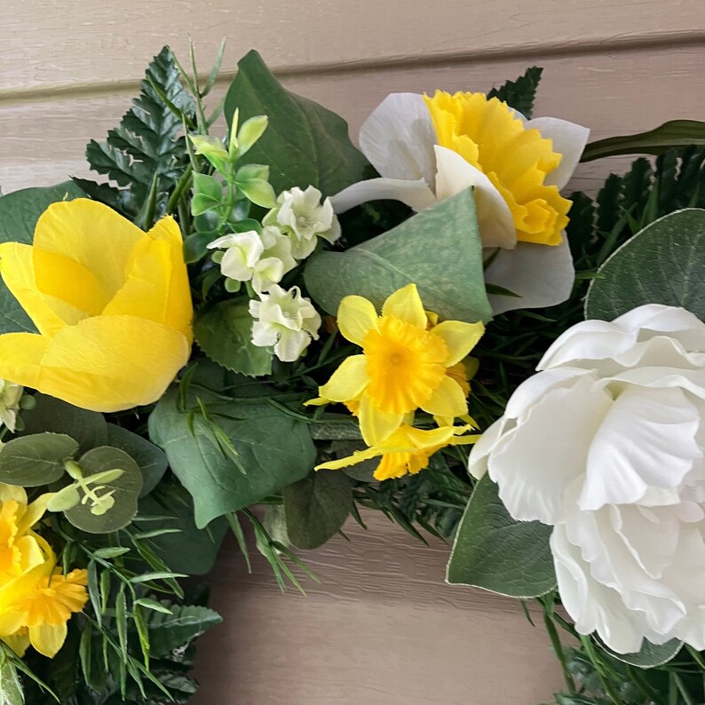 Spring Yellow Tulip and Eucalyptus Wreath for Front Door, Daffodil