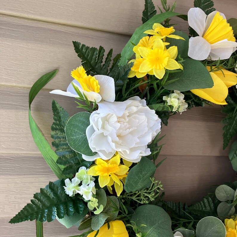 Spring Yellow Tulip and Eucalyptus Wreath for Front Door, Daffodil