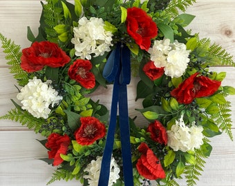 Patriotic Floral Wreath for Front Door, Red White and Blue, Memorial Day Wreath, 4th of July Decor, Farmhouse Housewarming Gift for Her