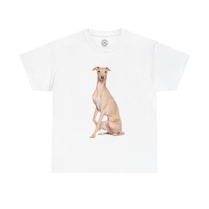 May include: White t-shirt featuring a tan Italian Greyhound dog sitting with its head tilted slightly to the side.