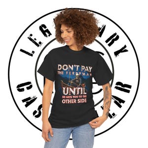 Camiseta "No pagues al barquero" / Barco, esqueleto remando, diseño gótico humorístico