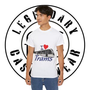 トラム ラバー T シャツ、ライト レール アーバン トランジット T シャツ、トレインスポッター シャツ、公共交通機関トップ、ユニセックス コットン T シャツ