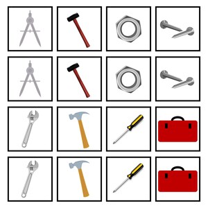 May include: A set of eight tools, including a compass, hammer, nut, nail, wrench, screwdriver, and toolbox. The tools are arranged in a grid pattern on a white background.