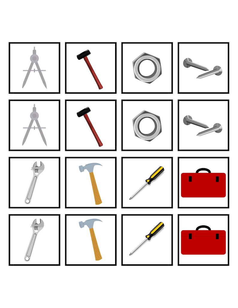 May include: A set of eight tools, including a compass, hammer, nut, nail, wrench, screwdriver, and toolbox. The tools are arranged in a grid pattern on a white background.