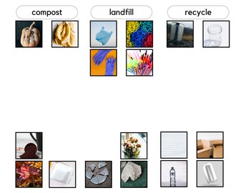 May include: A collection of images showing different items that can be composted, recycled, or sent to a landfill.  The images include a pumpkin, banana peels, plastic bags, rubber bands, a metal can, a glass jar, coffee grounds, fall leaves, a styrofoam container, a broken plate, a crumpled piece of paper, a plastic water bottle, and an aluminum can.